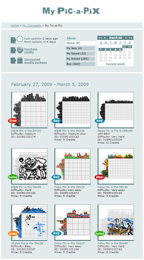 My Pic-a-Pix Pay-per-Puzzle screen