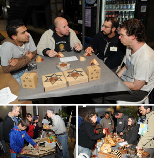 Top: Royi Lachmi and friends try their hand at solving a mechanical puzzle. Bottom left: David Goodman showing his unique merchandise to the crowd.