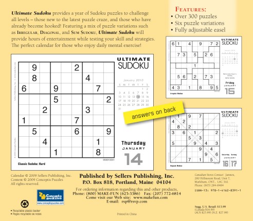Ultimate Sudoku 2010 Daily Calendar (rear)