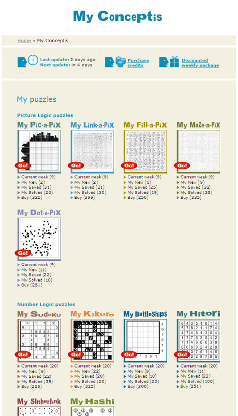 My Conceptis Pay-per-Puzzle homepage screen