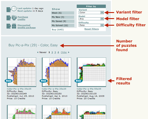 An example: selecting Pic-a-Pix puzzles which are both color and easy to solve