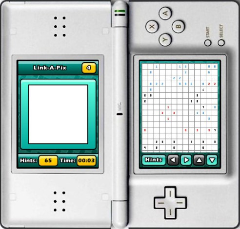 Puzzler World for Nintendo DS/DSi: A blank Link-a-Pix grid ready to be solved