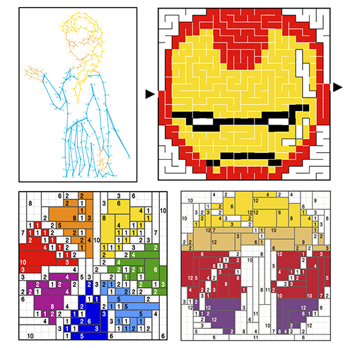 Clockwise: Elsa Dot-a-Pix, Iron Man Maze-a-Pix, Beijing Film Festival logo and Scientific Imaging Section logo Block-a-Pix